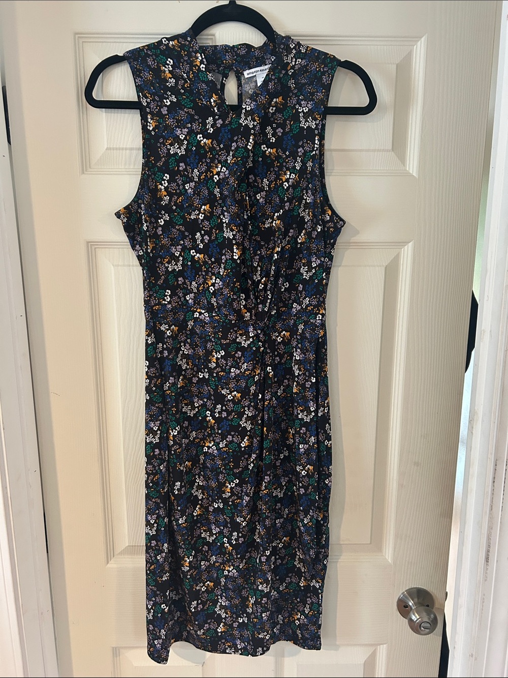 Amazon Essentials Black Floral Midi Dress with Green and Purple Accents